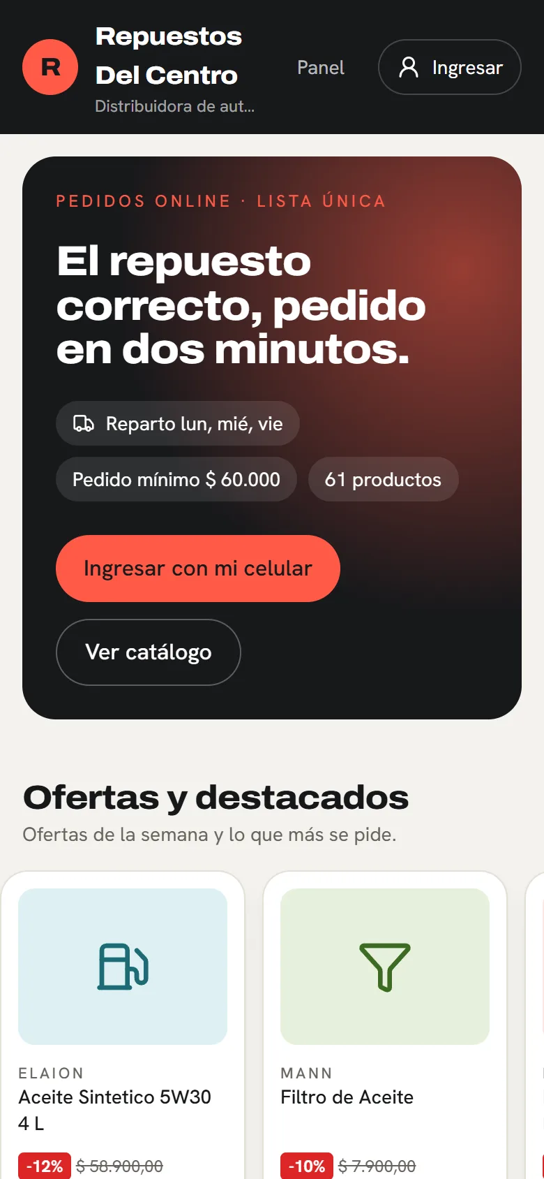 Tu catálogo, con tu marca: pantalla de la tienda de Autopartes