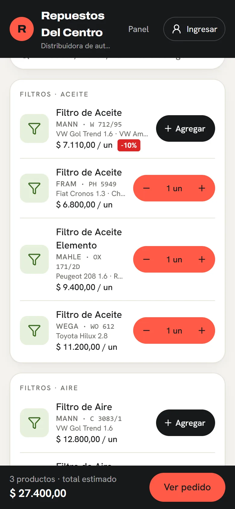 Arman el pedido en minutos: pantalla de la tienda de Autopartes