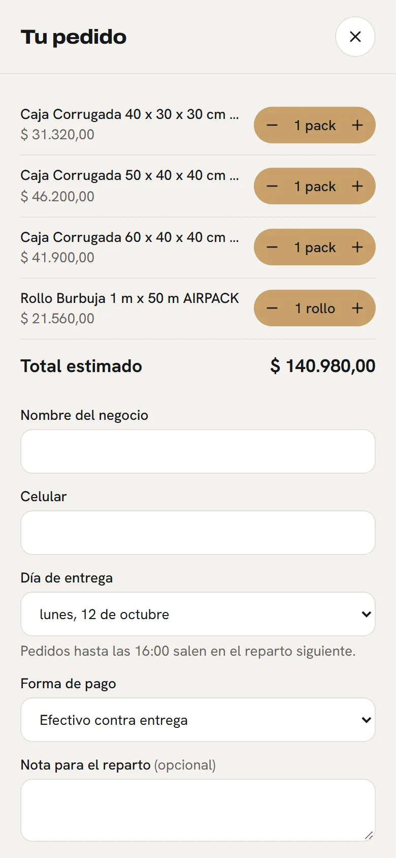 Eligen entrega y forma de pago: pantalla de la tienda de Empaques y embalajes