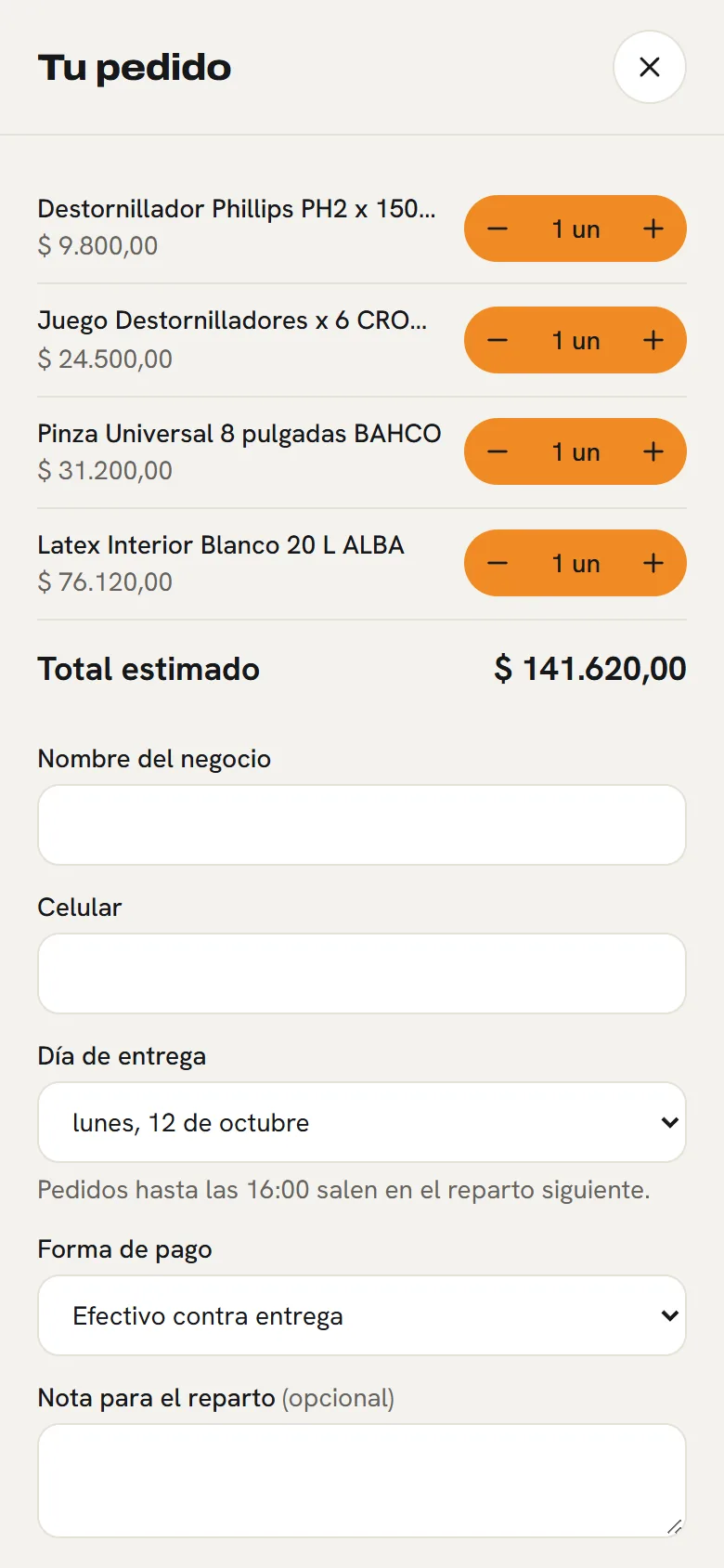 Eligen entrega y forma de pago: pantalla de la tienda de Ferretería